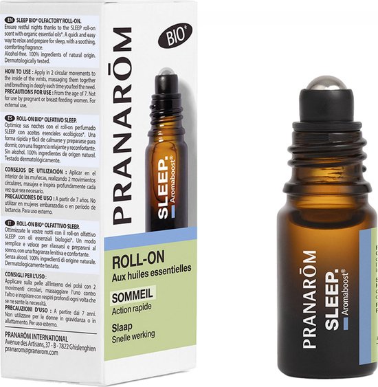 Pranarom Roll-on Sleep flesje met roller. Nederlands, Engels, Spaans, Frans en Italiaans productinformatie op de verpakking.