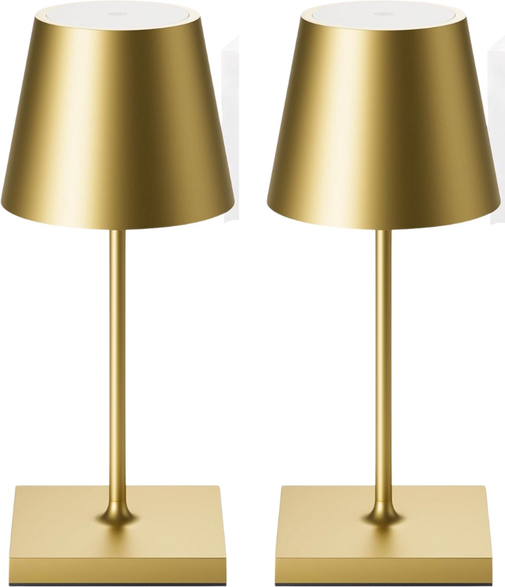 Tafellamp Oplaadbaar – 2 stuks - Draadloos en dimbaar – Touch lamp – 26 cm – Waterdicht - Goud