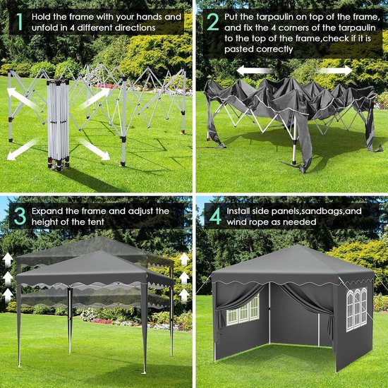 Vouwpaviljoen, 3 x 6 cm, waterdicht, stabiel, opvouwbare tuintent, 3 x 6 cm met 6 zijwanden, uv-bescherming 50 , partytent, met 12 grondhaken, 6 touwen en 6 zandzakken, tuinpaviljoen voor markt