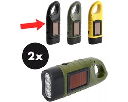 Actie4you® - Dynamo zaklamp met Zonnecel - 3 LED’s – Handmatig en Zonne-energie Aangedreven – Survival zaklamp – 2 Stuks – Zwart