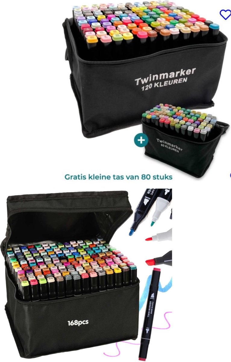 Gekleurde Twinmarkers - 368 Markeerstiften- 168 Verschillende kleuren - Professionele Alcohol Markers - Dubbelzijdige Tip -Meerdere Stiften- Dubbele Kleuren- Met 3 Opbergtassen en 1 Houder voor 120 stuks.
