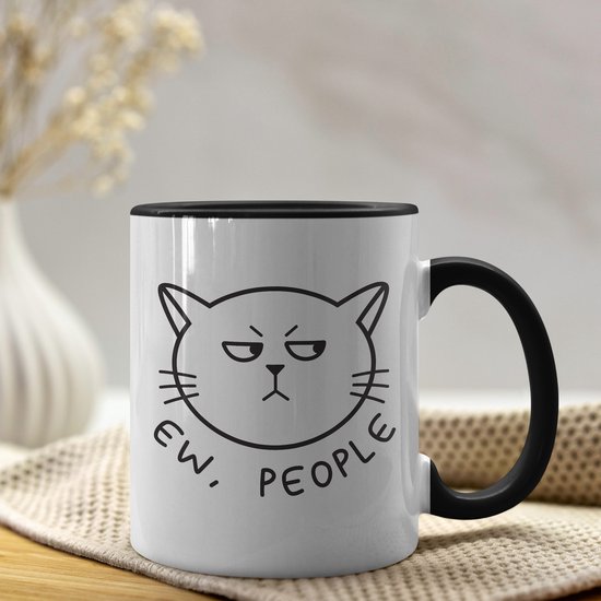Creasowl® - Ew, People Mok Kat Zwart - Katten Mok - Koffiemok Kat - Poezen Mok - Kat Mok - Katten Kopje - Grappige Koffiemok - Vaatwasmachine- en Magnetronbestendig - Cadeau Kattenliefhebber - Theemok - Kat Cadeau - Cat Mug