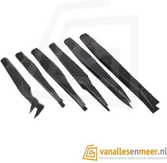 Set van 6 zwarte antistatische kunststof pincetten van 115 mm lang, met het logo van vanallesenmeer.nl.