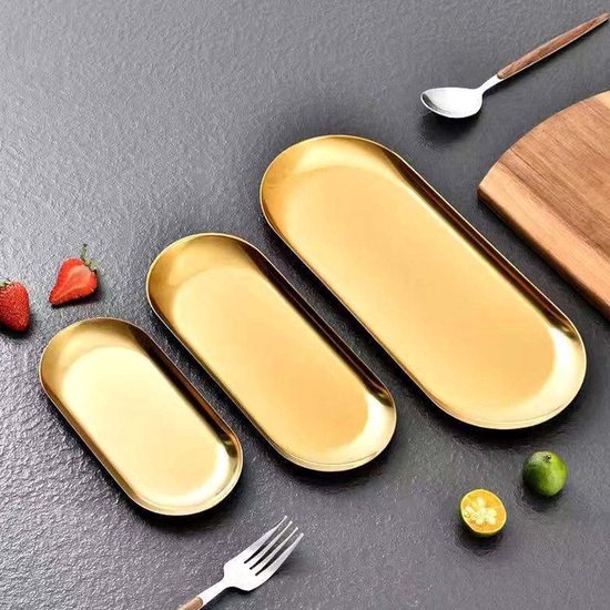 Set de 3 plateaux dorés, plateau ovale, plateau à desserts en acier inoxydable, plateau à café, adapté aux desserts, bonbons, fruits, boissons, bagues (3 pièces, grand, moyen et petit)