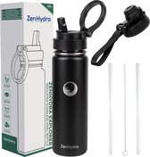 Bouteille d'eau ZenHydra® - Bouteille à boire 650 ml - Bouteille à boire en acier inoxydable - Bouteille d'eau avec paille - Bouteilles d'eau Adultes - 24 heures froides - 12 heures chaudes - Zwart