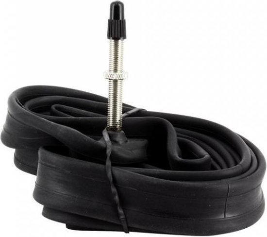Chambre à air de vélo noire avec valve Presta (FV) et capuchon noir.