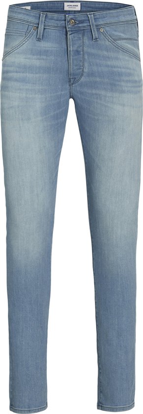 Jean bleu clair coupe droite avec fermeture boutonnée.