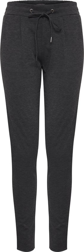 Donkergrijze broek met strikkoord en een subtiel gemêleerd patroon.