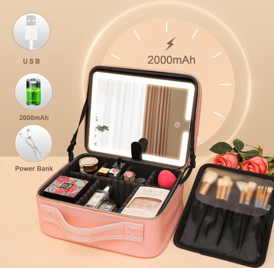 Cosmetic Bag Roze LED Spiegel Beauty Bag– Must Have! Trending - Reis Make-up Koffer Organizer Tas Upgrade- 3 verschillende lichtstanden en Dimbaar - Grote capaciteit – Beautycase Opbergtas – Verstelbare Vakken – Kwasten – Nagellak - Pink