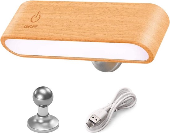YiLaie LED-leeslamp voor boeken in bed [houten magnetisch dimbaar draaibaar] Draagbare verlichting Werkt op batterijen, oplaadbare draadloze nachtlamp voor hoofdeinde, slaapkamer, woonkamer