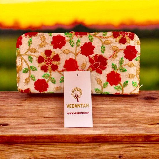 Sac femme - Vedantan - Sac à main - Pochette - 10 x 20 cm - Broderie colorée - broderie - Sac de soirée - Fête - Bal - Mariage - Fêtes - Mignon - Blanc crème - doré