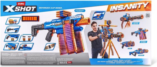 Verpakking van de X-Shot Insanity blaster met een jongen en een afbeelding van de blaster. Verschillende opzetstukken en combinaties worden getoond.