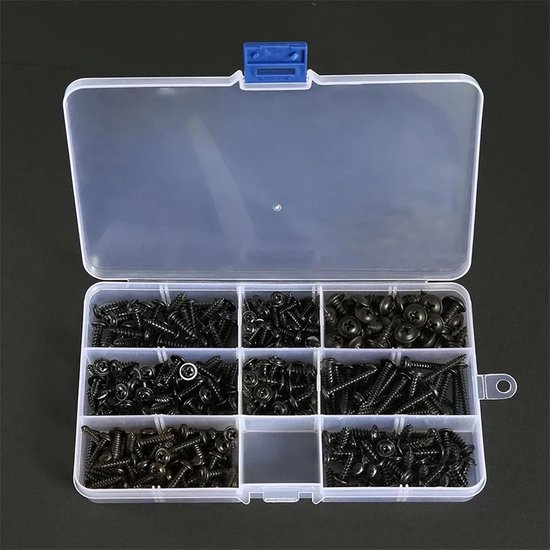 Een open assortimentsdoos met zwarte, zelftappende schroeven, verdeeld in 9 vakken.