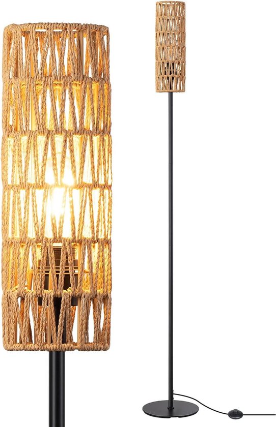 Stijlvolle led-vloerlamp, 150 cm hoog, met zwart frame en lampenkap in rotan-look
