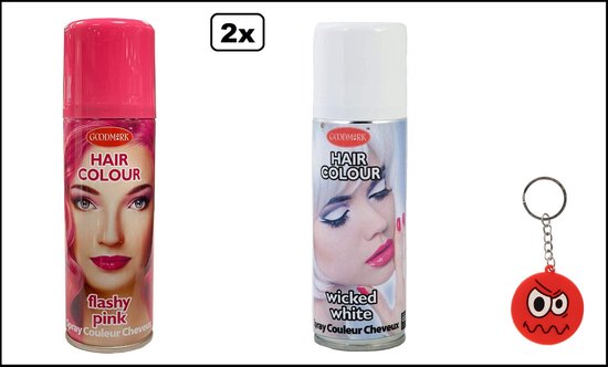 Twee spuitbussen Goodmark haarkleur spray: roze 'flashy pink' en wit 'wicked white'. Inclusief rode sleutelhanger met boos gezicht.