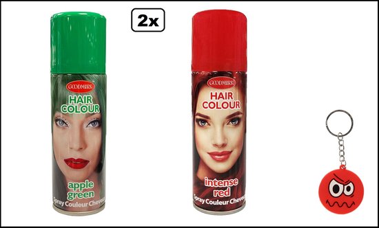 Twee spuitbussen GOODMARK haarkleur: appelgroen en intens rood. Bevatten gezichten en 2x symbool.