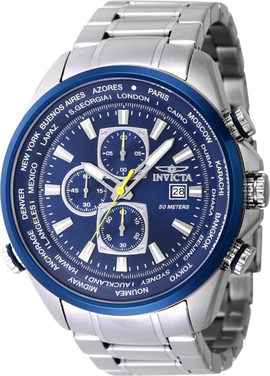 Invicta Aviator 47818 Heren Horloge - Waterdicht - Analoog - Quartz Uurwerk - Roestvrij Staal met blauwe Wijzerplaat - 50mm