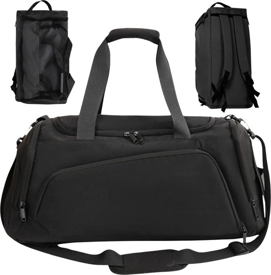 Sporttas en Rugzak in 1 - Ruim 40L - Met Schoenenvak - Waterafstotend - Comfortabel en Praktisch - Schoudertas - Duffel Bag - Weekend tas - Zwart - DuffelPack PRO