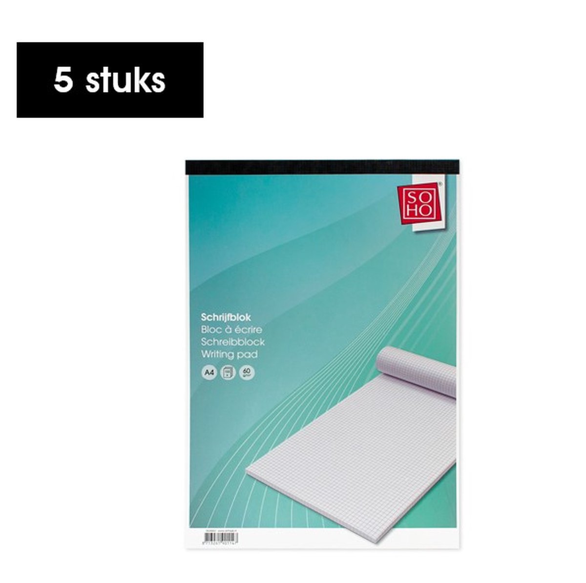 SOHO Schrijfblok met ruiten – Collegeblok – Notitieblok – Ruitjespapier – Geruit – Ruiten van 5 mm – 100 vellen – A4 formaat – 5 stuks