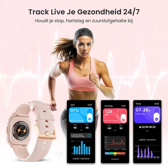 Avalue Smartwatch Dames & Heren - AMOLED Screen - AI Feature - Stappenteller - Bloeddrukmeter - Geschikt voor alle Smartphones - Roségoud