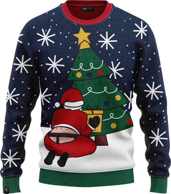 JAP Christmas Interactieve Kersttrui (maat 3XL) - 100% Gerecycled - Kriebelt niet - Kerstcadeau volwassenen - Foute Kersttrui dames en heren XXXL - Santastring - Blauw
