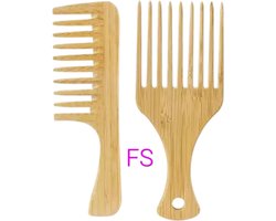 Frazimashop -Bamboe grove houten kam en Afro bamboe hout kam- 2 stuks - materiaal Bamboe