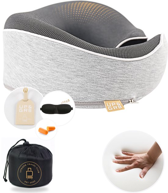 UP&GR8® Oreiller cervical Avion et voiture - Oreiller de voyage - Mousse à mémoire de forme - Oreiller cervical - Étiquette de bagage, bouchons d'oreilles, masque de sommeil - Cadeau pour homme femme - Gadget de voyage
