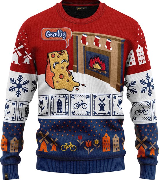 JAP Christmas Around the World Kersttrui (maat M) - 100% Gerecycled - Kriebelt niet - Kerstcadeau volwassenen - Foute Kersttrui dames en heren - Nederland - Rood/Wit/Blauw