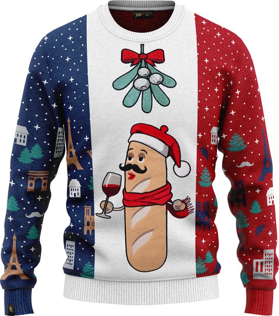 JAP Christmas Around the World Kersttrui (maat L) - 100% Gerecycled - Kriebelt niet - Kerstcadeau volwassenen - Foute Kersttrui dames en heren - Frankrijk - Blauw/Wit/Rood