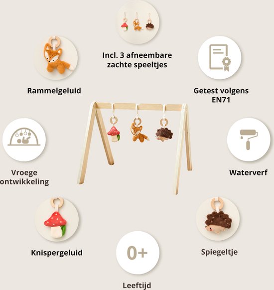 Overzicht van babygym met paddestoel, vos en egel speeltjes. Tekst over kenmerken.