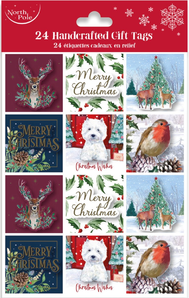 Kerst - Dubbele Cadeaulabel Kaart - Handgemaakt - 5.5x5.5 cm - 24 Stuks