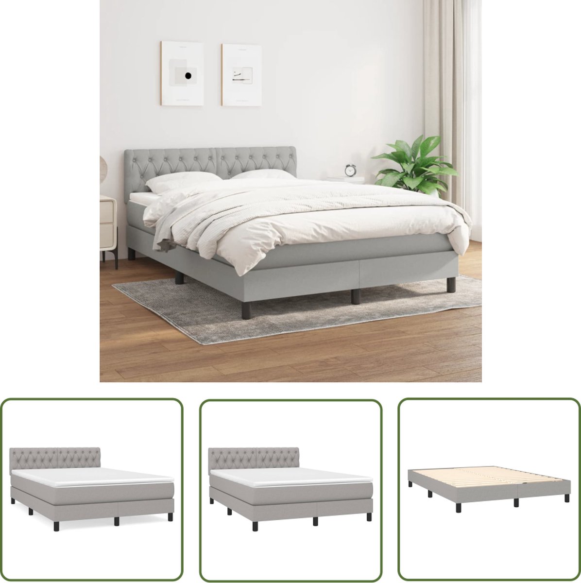 vidaXL Boxspring - Boxspringbed - Boxspring met matras stof lichtgrijs 140x190 cm - Tweepersoonsbed - Pocketed Spring Mattress - Middenhard Matras