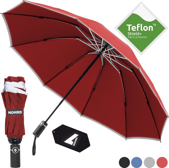 Nohrd Stormparaplu - Bordeaux Rood - Paraplu Opvouwbaar - Stormbestendig 108 km/h - Stormparaplu's - Automatisch In- en Uitklapbaar - Reflecterend - Paraplu's - Incl. Beschermhoes
