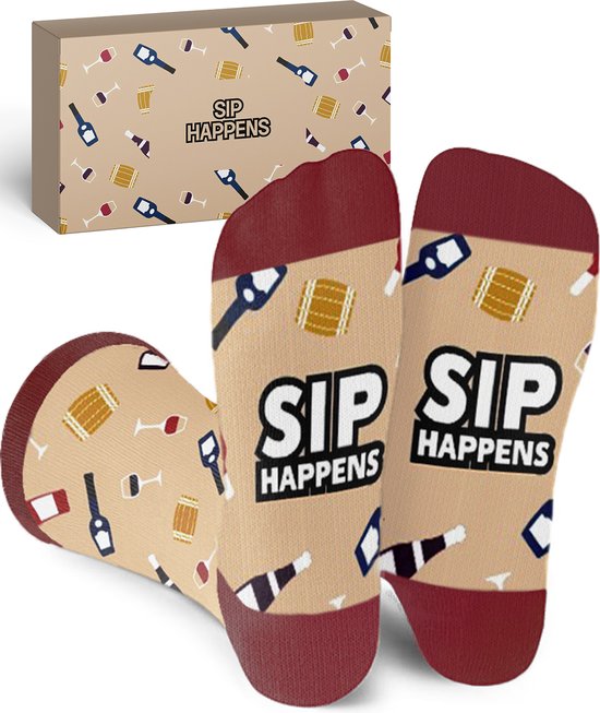 Malinsi® Grappige Sokken - Sip Happens - Leuke Huissokken Dames Heren - Gekke Cadeaus Drank Wijn - Cadeautjes Volwassenen - Funny Socks - Vrolijke Geschenkset met Tekst - Cadeau voor Mannen & Vrouwen - Moederdag Geschenk Vaderdag Giftset Mama