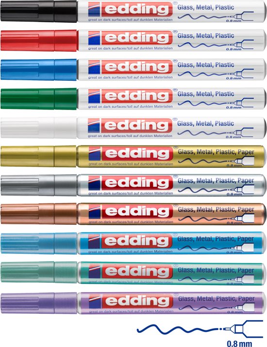 edding 780 verfstiften set alle 11 kleuren - 11 paint markers - ronde punt 0,8 mm - stiften voor markeren en labelen van vele ondergronden waaronder metaal, glass, steen of plastic - hittebestendig, permanent, veegvast en watervast