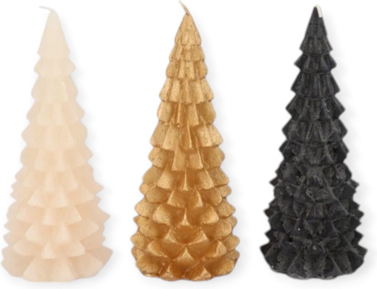 Daan Kromhout - Kerstboom kaarsen - Set/3 - Zwart, Goud en Creme - 8x16cm