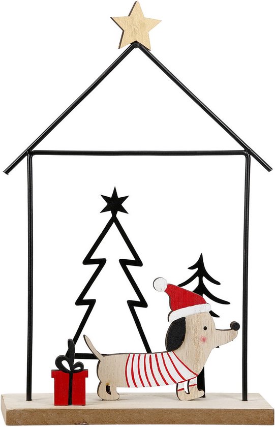 decoratiehuisje met teckel en kerstboom/vensterbank/kerst/staand