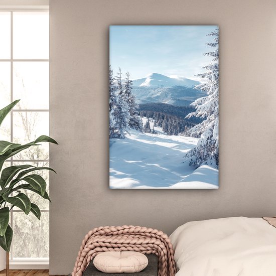 Peinture sur toile 80x120 cm - Décoration murale Paysage d'hiver - Nature - Berg - Arbres - Neige - Décoration murale salon - Décoration chambre - Accessoires de chambre - Peintures