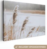 Peinture sur toile 90x60 cm - Décoration murale Roseau - Lac - Hiver - Nature - Neige - Beige - Décoration murale salon - Décoration chambre - Accessoires de chambre - Peintures