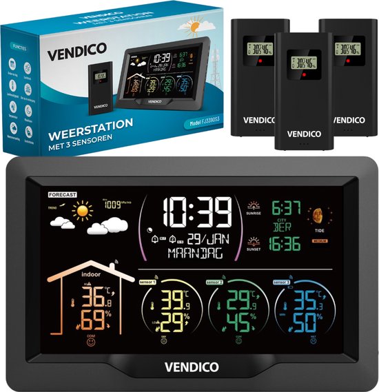Foto: Vendico weerstation binnen en buiten draadloos weerstation met buitensensor hygrometer thermometer dcf gestuurde klok kleurendisplay