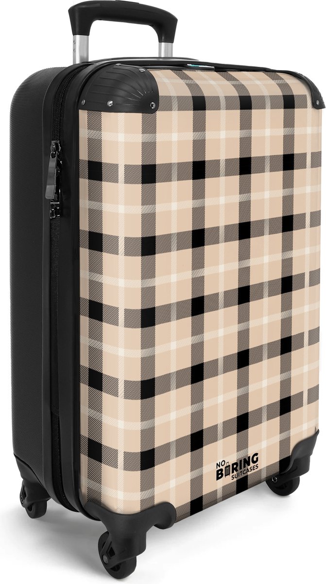 NoBoringSuitcases.com® - Handbagage koffer lichtgewicht - Reiskoffer trolley - Beige met zwart ruitpatroon - Rolkoffer met wieltjes - Travel suitcase cabin - Reistrolley met TSA slot - Past binnen 55x40x20 en 55x35x25 - Kleine valiezen