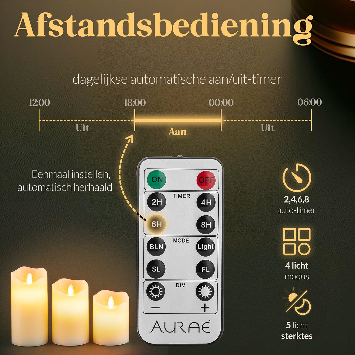 Aurae Led Kaarsen met Bewegende Vlam - 3x - Echte Wax - Afstandsbediening - 250+ Branduren - op Batterijen - Flikkerende Vlam - Timer - Kerst Kaarsen — cadeau in Wonen & Interieur - foto 2