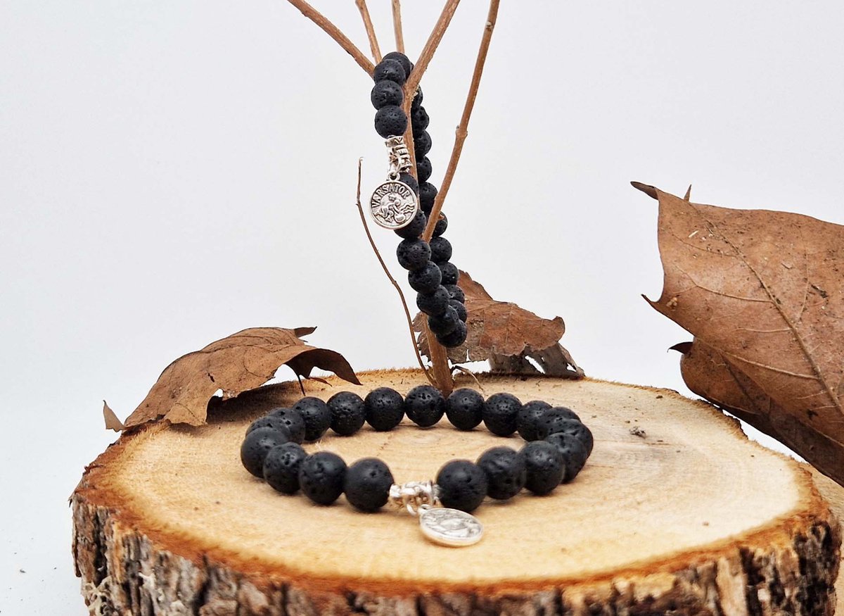 Handgemaakte natuursteen Geluksarmband met hanger "Astrologische Symbolen " Lava Donker" -10 mm diameter van de korrel- Diameter armband 20 cm - Kies je favoriete Astrologische Symbolen - Een mooi cadeau voor familie en vrienden