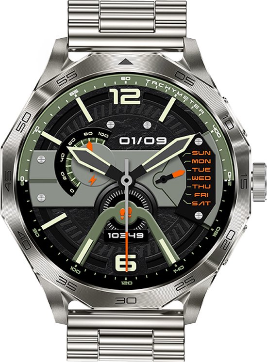 Zilveren smartwatch met stalen band en een groene wijzerplaat, met de datum 01/09.