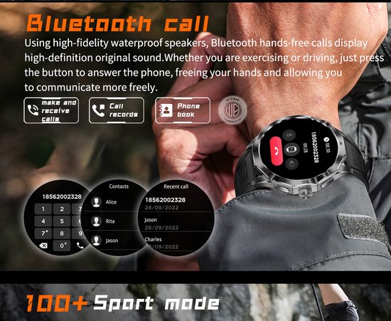 Zilveren smartwatch met zwart bandje, scherm toont contacten en recente oproepen.