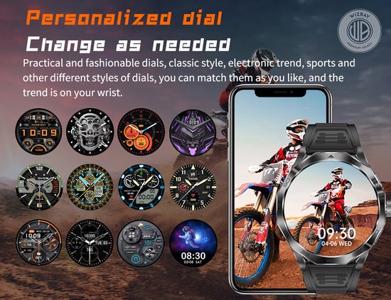 Zwarte smartwatch met verwisselbare wijzerplaten, waaronder een met een schedel en een met een motorrijder. Ook een smartphone met een motorrijder.