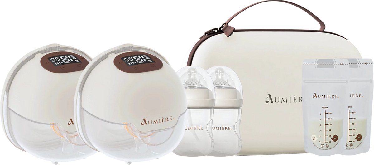 Goedkoopste Aumière Elektrische Borstkolf Beige 180ml 2 Stuks, Inc 2 flesjes En Opbergtas - Handsfree Borstkolf Inc 50 bewaarzakjes - Borstkolf Elektrisch Dubbel - Dubbele Borstkolf - Draadloze Borstkolf - Draagbaar