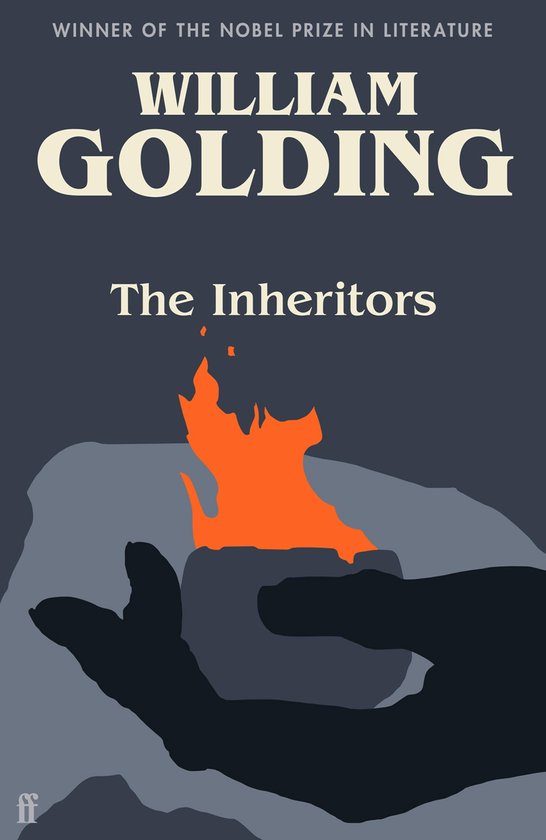 Boek "The Inheritors" van William Golding, met een donkergrijze achtergrond en een hand die een vuur vasthoudt.
