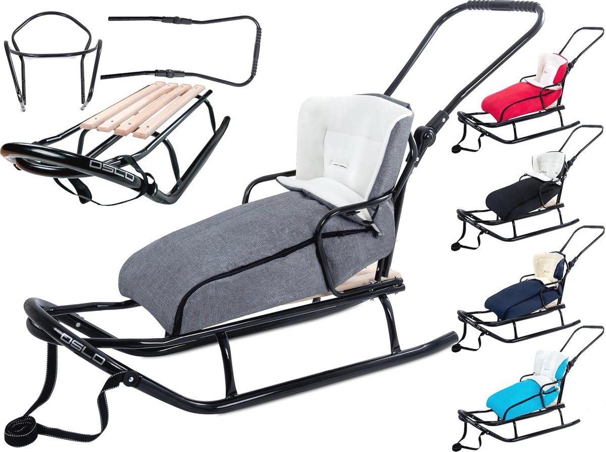 Metalen slee met rugleuning, veiligheidsgordels en voetenzak voor kinderen en volwassenen, maximaal 120 kg Metalen slee met rugleuning, veiligheidsgordels en voetenzak voor kinderen en volwassenen, maximaal 120 kg