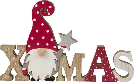 Kersthuisjebestellen - Houten Letters Xmas - Kerstschrift met kabouter en Grijze Ster - Kerstgnoom - H=17cm - B=28cm - Kerstdecoratie - Kerstbeeld - Kerstversiering